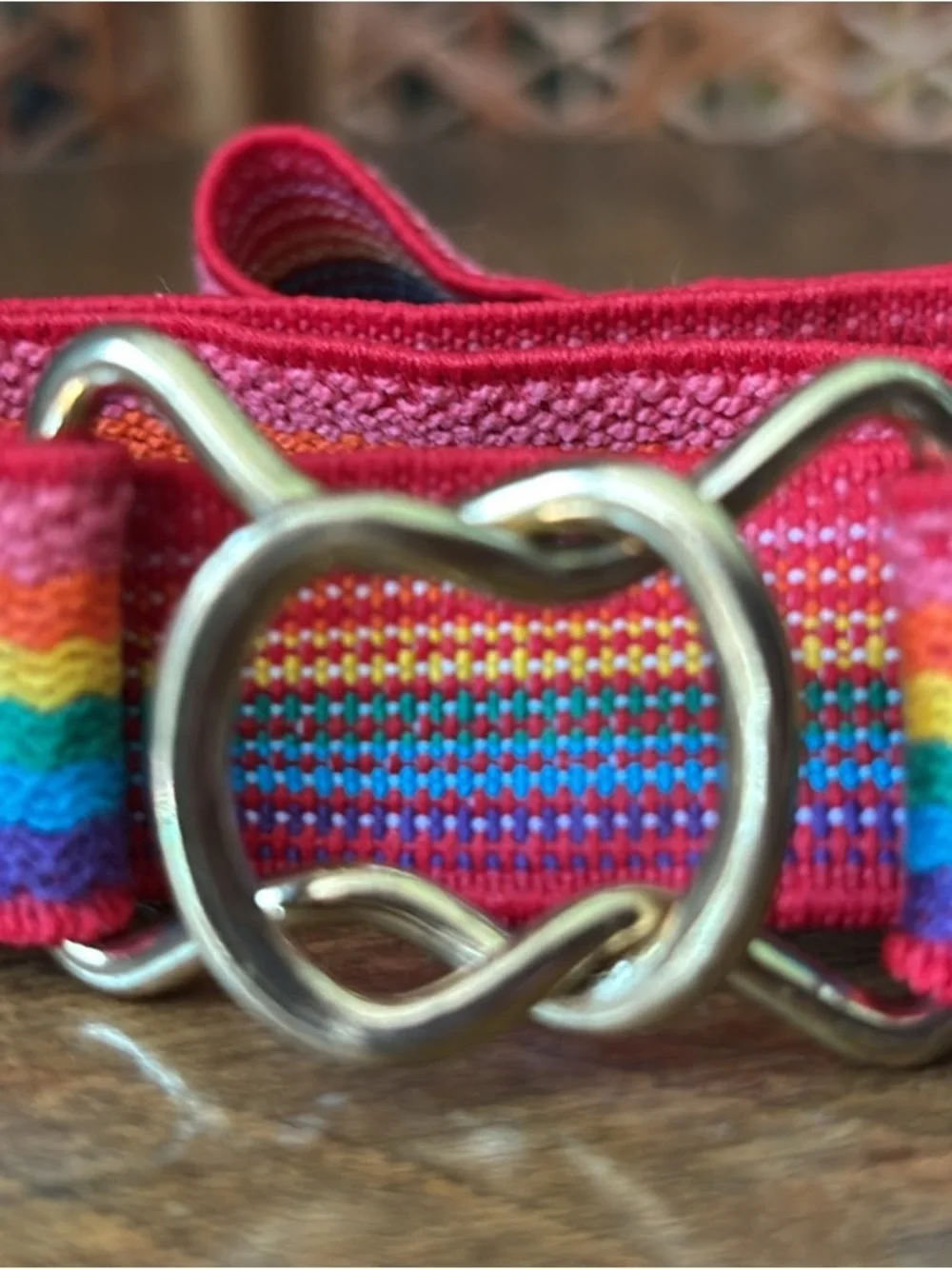 Red Rainbow Stripe Elastic Belt with Gold Interlocking Buckle